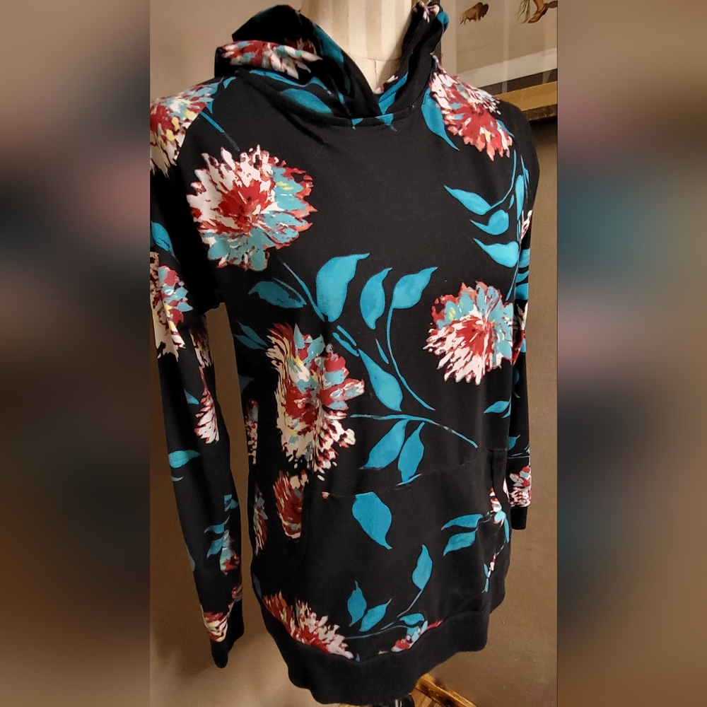 Lildy Super Soft Hoodie Sweatshirt Black Floral Size Small/Medium Turquoise Red